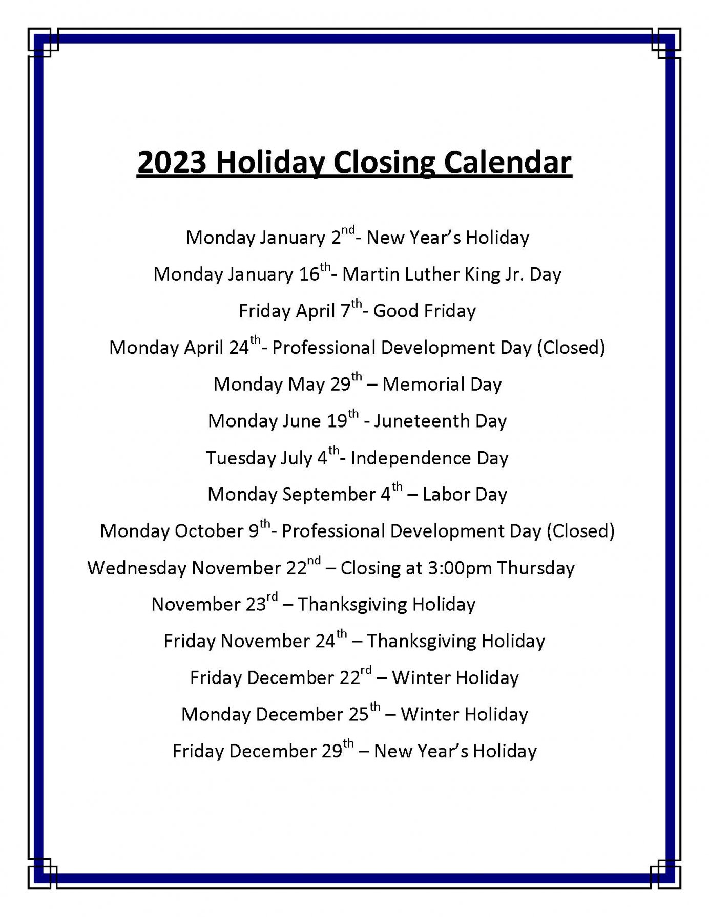 School Holiday Closing Schedule Daycare in Holly Springs Children's