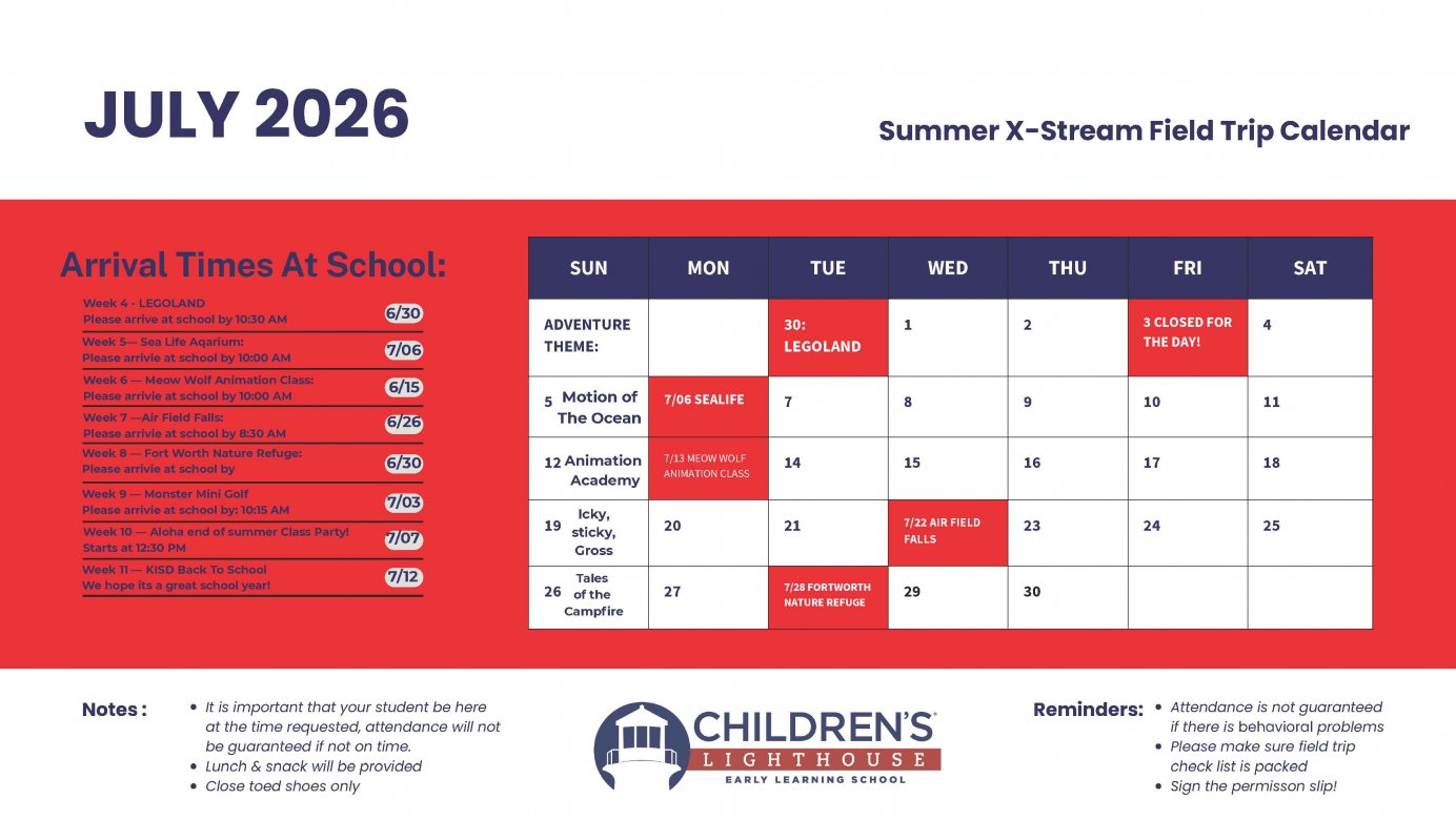 Field Trip Calendar For July
